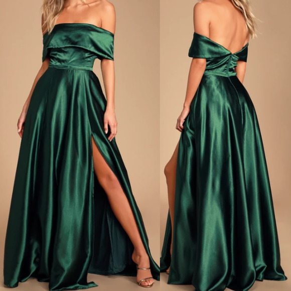 LULU'S  L Greatest Hits Forest Green Satin Off-the-Shoulder Maxi Dress NWT  B63 - Picture 1 of 10